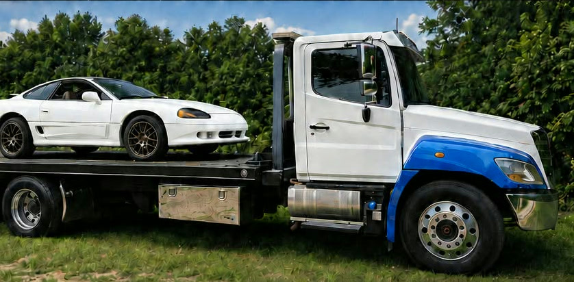 Retro Services LLC's rollback truck loaded with a car on the 25-foot deck